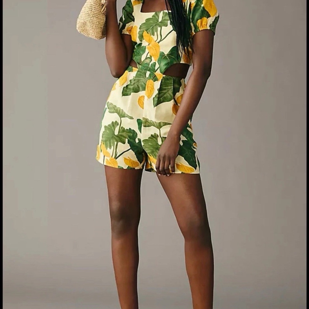 FARM Rio Green and Yellow Leaf Print Romper
